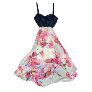 POINT USA Denim Sweetheart Neck Floral Mixed Media Hi Low Dress Beige Sz Medium